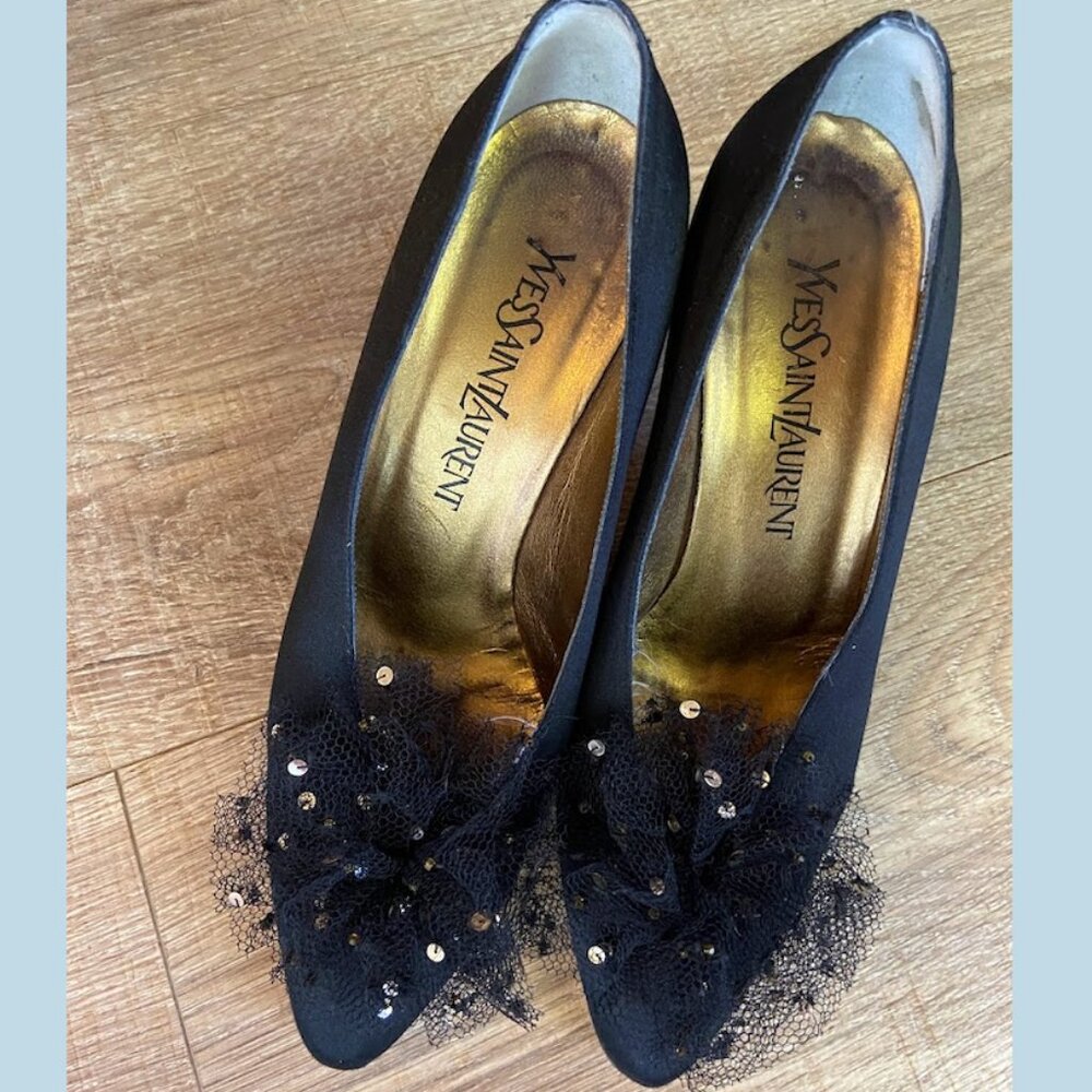YSL Yves Saint Laurent VINTAGE 80's 6 1/2 Black Heels Tulle Sequin Pom Wedding